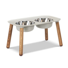 Load image into Gallery viewer, Messy Mutts Elevated Double Feeder with Stainless Bowls - Adjustable Height 3" to 10", 5 Cups Per Bowl - Light Grey w/ Faux Wood Legs