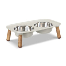Load image into Gallery viewer, Messy Mutts Elevated Double Feeder with Stainless Bowls - Adjustable Height 3" to 10", 5 Cups Per Bowl - Light Grey w/ Faux Wood Legs