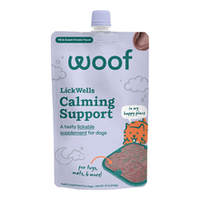 Load image into Gallery viewer, Woof LickWells Calming Support Lickable Supplement - PB &amp; Sweet Potato Recipe for Dogs - 12oz Pouch