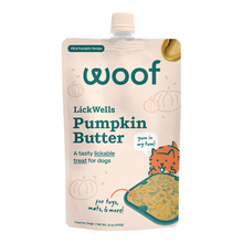 Load image into Gallery viewer, Woof LickWells Pumpkin Butter Lickable Supplement - PB &amp; Pumpkin Recipe for Dogs - 12oz Pouch