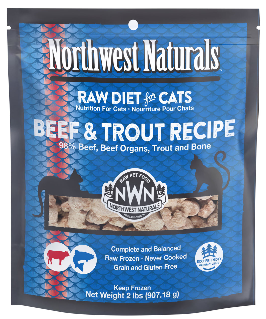 Northwest Naturals Frozen Raw Cat Food - Beef & Trout Recipe - 2lb Bag